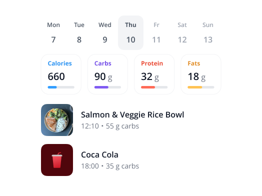 SNAQ app on iPhone showing today's meal log and nutrition summary without a CGM