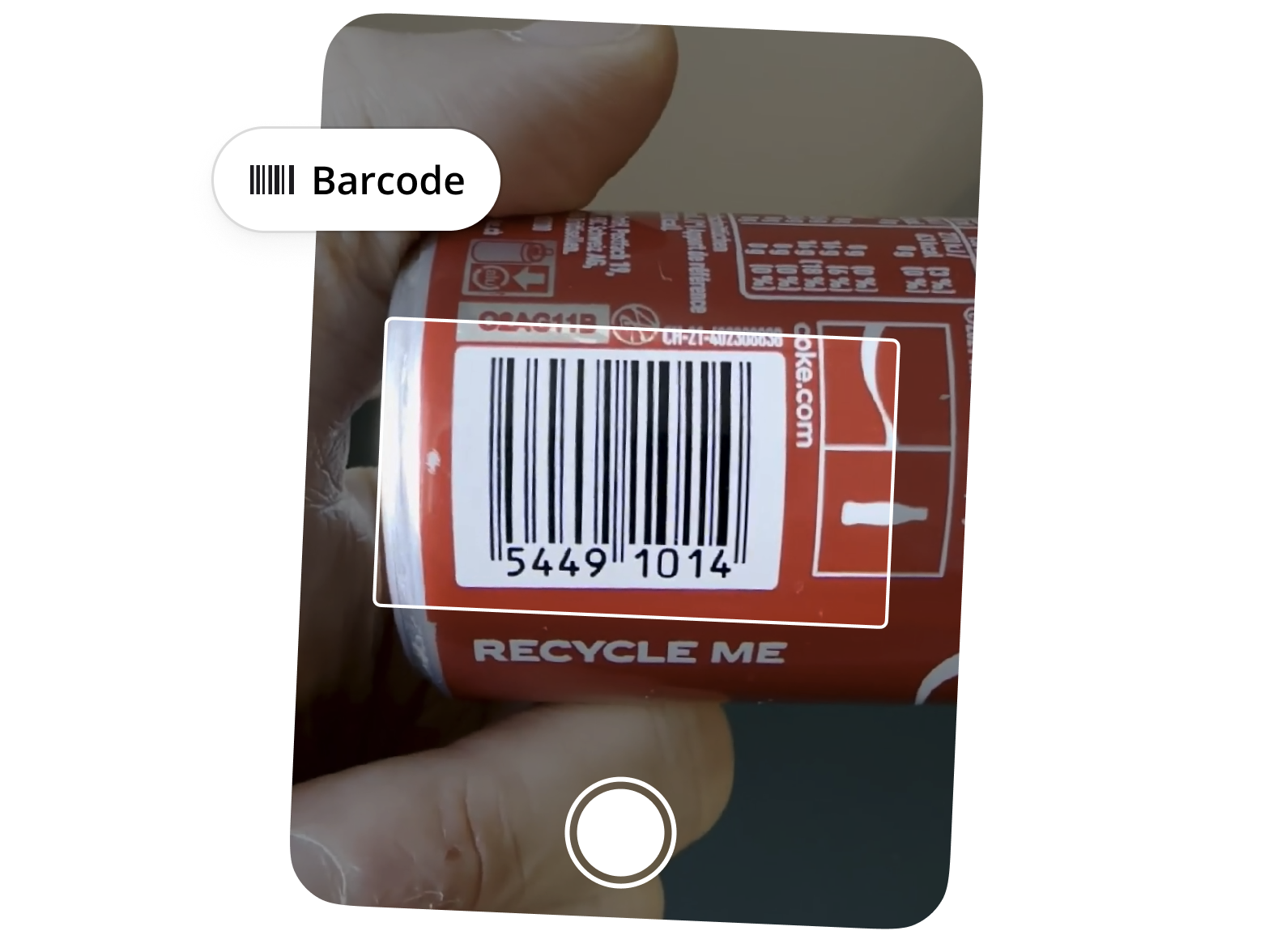 The SNAQ app scanning the barcode on a Coca-Cola can, with the code framed in the viewfinder.