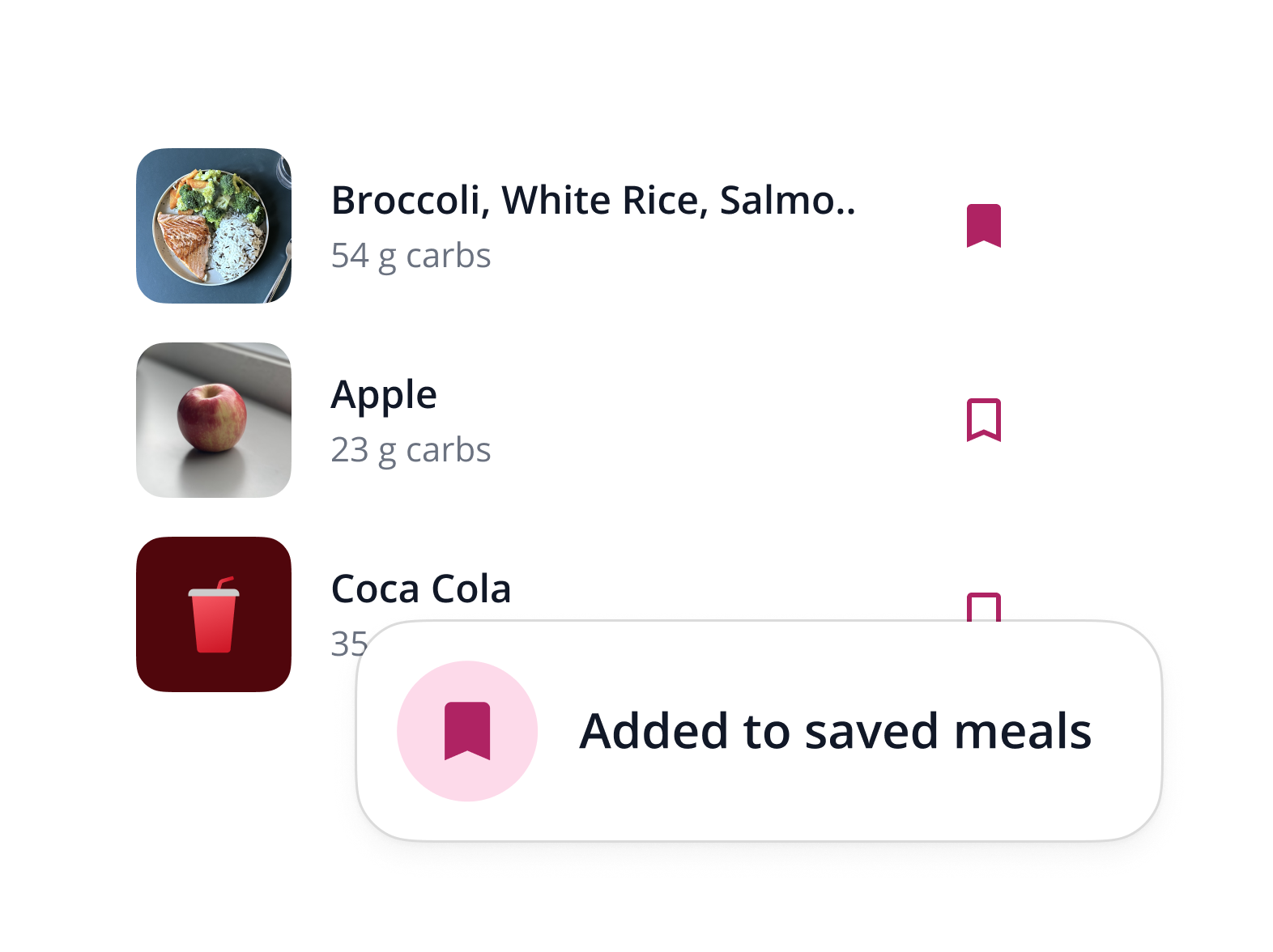 SNAQ app showing saved favourite family meals for quick re-logging
